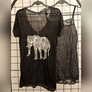 Black Elephant Graphic Tee with Maurices Lace Crinkle Cami - Set - Sixe XL and 0